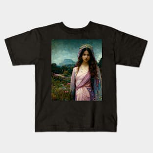 Mary Magdalene, Beautiful Woman, Silk Clothes, Surrounded by a Lush Natural Landscape, Pastel Colors, Mystic, Fantasy, Highly Detailed, Fineart Kids T-Shirt